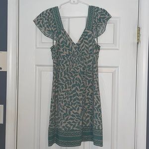 Bcbg flutter sleeve, cinch back dress. Cream & periwinkle blue.